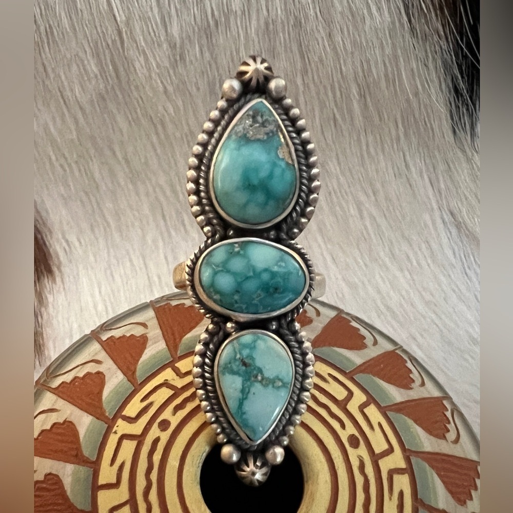❤️ Premium White Water 3 Stone Turquoise Navajo Style Adj Matte 925 Ring 1.82”L